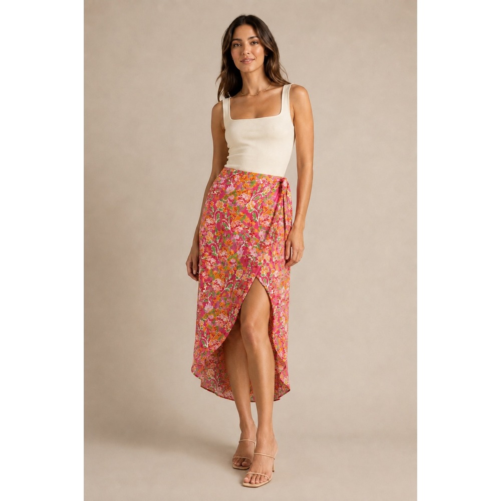 RESA Wrap Floral Midi Skirt XS Pink Orange Tulip Hem Slit High Waist